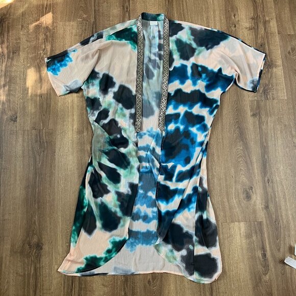 Sukiso Women's Goddess Kimono in Tan Teal Tie Dye - Picture 6 of 14